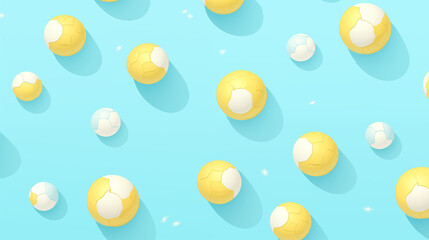 Yellow and White Soccer Balls Pattern on Light Blue Background