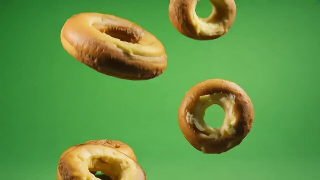 Floating Bagels Against green screen background with Ai generated.
