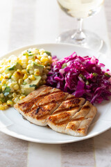 GRILLED MAHI-MAHI STEAKS WITH SUMMER CORN AND AVOCADO SALSA 