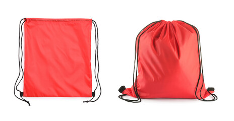 Collage of empty and filled red drawstring bag isolated on white