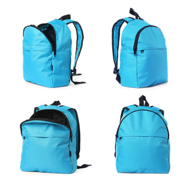 Light blue backpack isolated on white, view from different sides