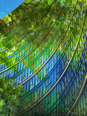 Environment. Modern building and trees, double exposure