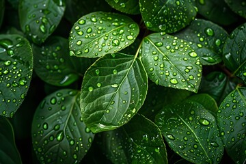 Fototapeta premium A photo that fills the screen with fresh green broadleaf tree leaves that are wet with rain or dew and forming water droplets.