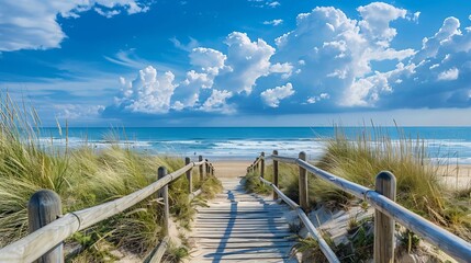 Wooden Pathway to the Beach Under a Blue Sky