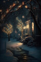 Winter night in the city. Christmas and New Year theme. Illustration