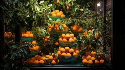Oranges in green baskets surrounded by lush green leaves, illuminated by soft lighting.