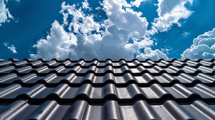 Naklejka premium Close-up photo of black roof tiles and blue sky