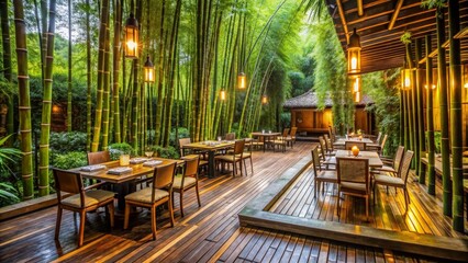 Fototapeta premium Lush bamboo forest surrounding a serene outdoor restaurant with traditional decor, Bamboo, Forest, Restaurant, Outdoor, Serene