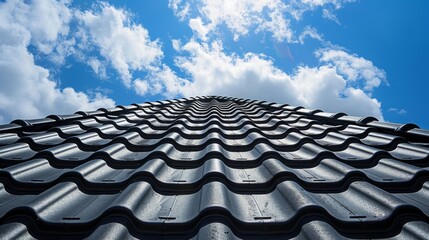 Close-up photo of black roof tiles and blue sky
