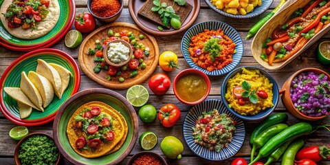 Fototapeta premium Traditional Mexican food dishes with colorful ingredients and vibrant table settings, mexican, food, cuisine