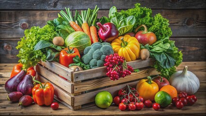 Vibrant arrangement of fresh seasonal produce including juicy fruits, crisp vegetables, and leafy greens on a rustic wooden crate display.