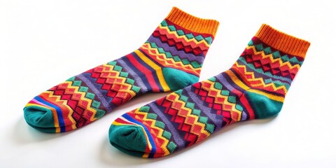 A close-up shot of a pair of colorful, patterned socks , fashion, clothing, feet, comfortable, cotton, knit, trendy, accessory