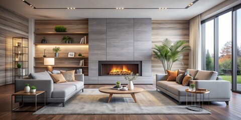 Fototapeta premium Modern living room featuring a sleek fireplace surrounded by contemporary decor, modern, living room, fireplace