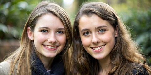 Portrait of two young women, AIlan and Camille, smiling and looking at the camera, friends, diverse, multicultural