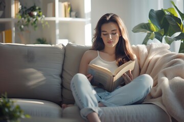 Young woman reading a book on a cozy couch in a sunny, modern living room.