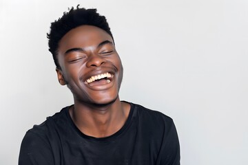 Obraz premium Young man with a big smile, enjoying a joyful and carefree moment against a plain background.
