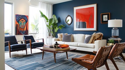 A bold accent wall painted in deep navy blue, creating a striking contrast with light-colored furniture and decor.