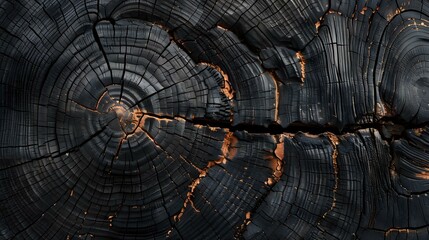 Texture of old dark burnt cracked wood with knots