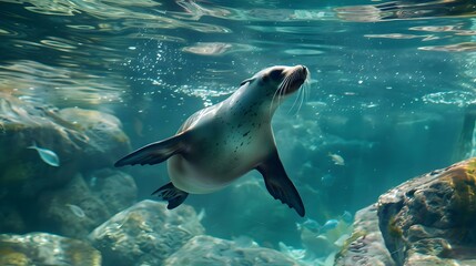Obraz premium Funny sea lion swimming underwater in the ocean