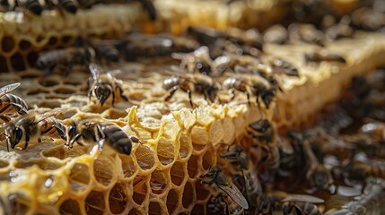 Close-up of Bees Working on Honeycomb, Showcasing Intricate Patterns and Textures. Detailed Capture of Colors and Shapes within Each Cell, Emphasizing Natural Beauty with Clear Lighting to Highlight
