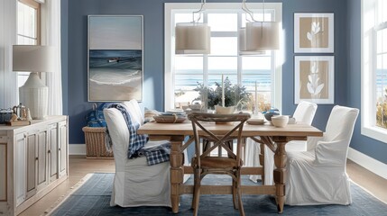 A coastal-inspired dining room with blue and white decor, light wood furniture, and nautical accents, evoking a serene seaside vibe.