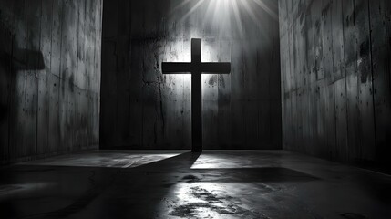 Cross in a dark room with filtering lights