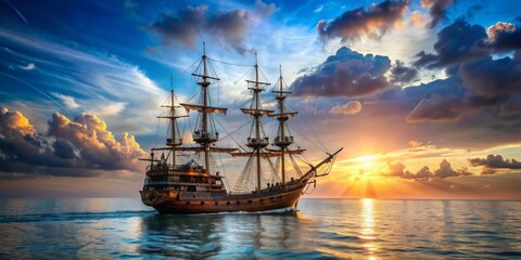 Obraz premium Pirate ship sailing on the open sea, pirate, ship, sailing, adventure, ocean, waves, nautical, wooden, vintage, treasure, explorer