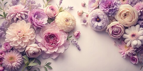 Soft pastel flowers in shades of pink, lavender, and cream, pastel, flowers, pink, lavender, cream, soft, delicate, blooms