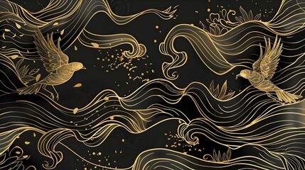 Abstract luxury art background with golden birds