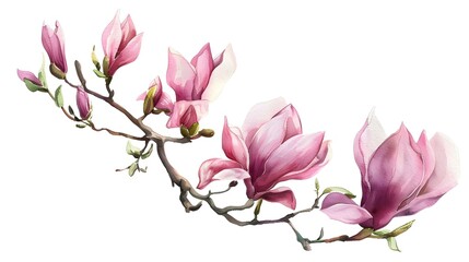 Watercolor painting of blooming magnolia tree branches in spring