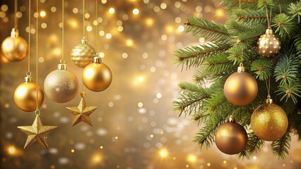 Golden Christmas balls and stars hanging on a festive tree, festive, decorations, ornaments, shiny, elegance