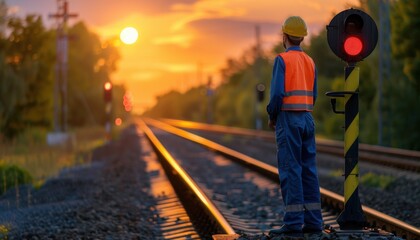 Fototapeta premium Railway worker on tracks at sunset, wearing safety gear and helmet, standing by a signal post, overseeing railway operations.