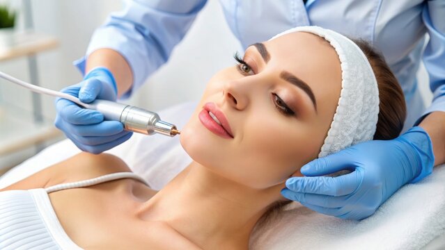 Cosmetologist performing mesotherapy injection with dermapen on facial skin for rejuvenation at spa center