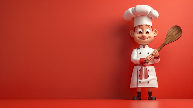 Cartoon chef with a wooden spoon against a red background. Ideal for culinary, children's content, or humorous cooking themes.