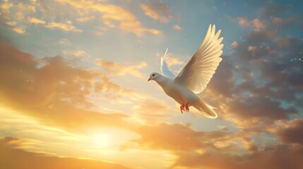 Obraz premium One white dove flying with wings spread against sunset sky