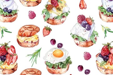 Colorful watercolor illustration of various brunch foods, featuring desserts and egg dishes on a white background.