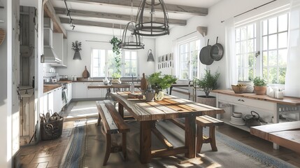 A farmhouse-style dining room with a long wooden table, bench seating, and rustic decor, perfect for casual and comfortable meals.