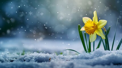Blooming daffodil in snow with snowflakes © Ava