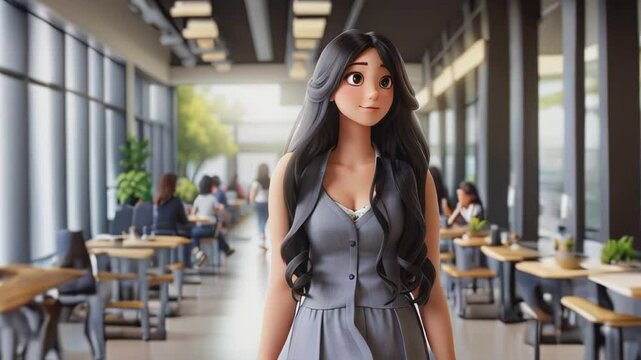 Animation of a young woman with long black hair walks through a modern cafe with rows of tables and chairs full of people