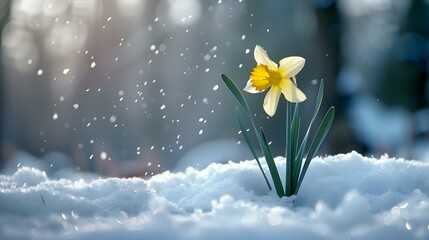 Blooming daffodil in snow with snowflakes © Ava
