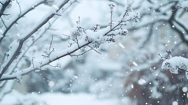 Snow-covered tree branches in winter garden