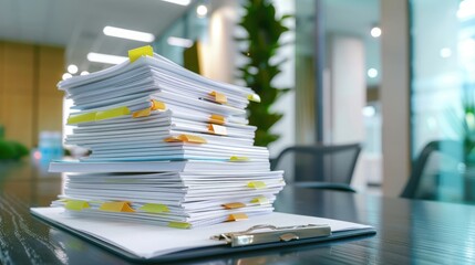 A large stack of documents on a modern office desk, highlighting a busy workplace environment with bright, natural light.