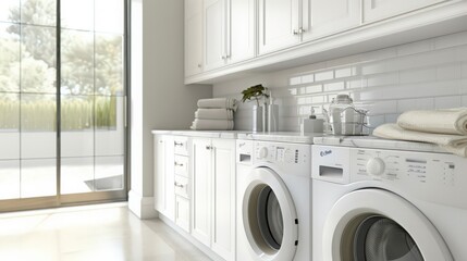 A modern laundry room with sleek white cabinets, a front-loading washer and dryer, and a marble countertop for folding clothes, providing a clean and efficient space