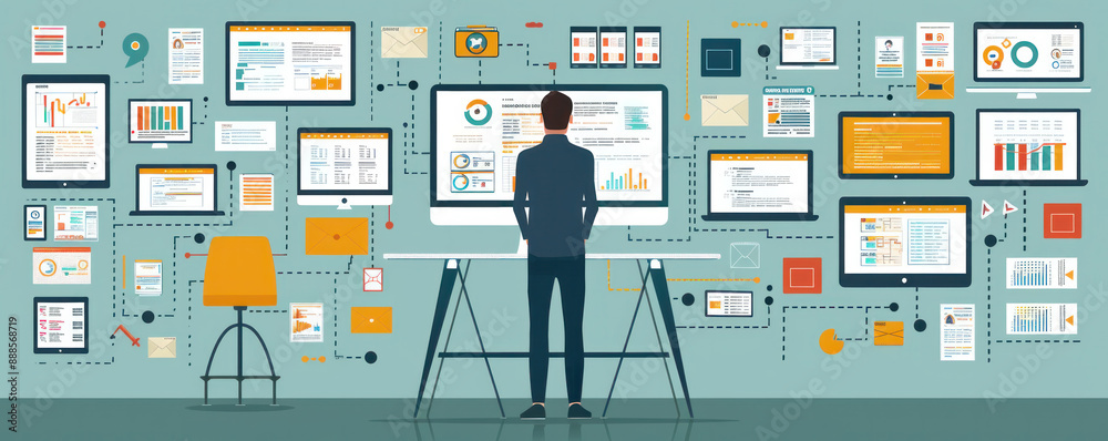 Poster a man is standing in front of a computer monitor with many screens and a lot of data. concept of pro