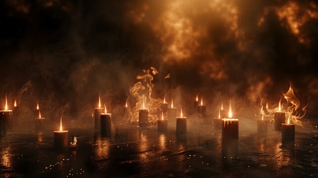 Lighted candles on the floor in the dark with space for text Funeral concept Deepest condolences card