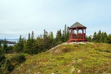 Gazebo at the summit of Weasel Head, a quaint hill perched on a peninsula nestled between Cottle's Bay and Intricate Harbour in the Bay of Exploits, Newfoundland.
