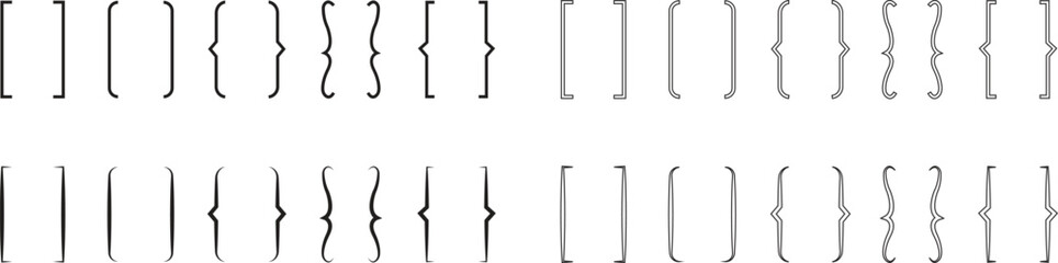 Square and Curly double braces Set. Symmetric brackets pair, punctuation symbol for mathematic. Frames for math in flat, outline style. Retro parenthesis sign for text quote on transparent background.