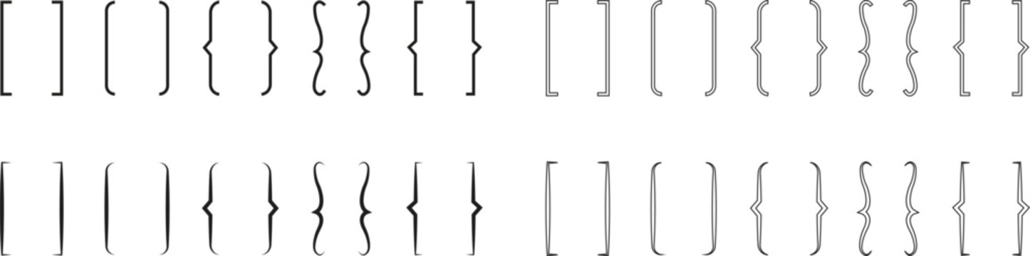 Square and Curly double braces Set. Symmetric brackets pair, punctuation symbol for mathematic. Frames for math in flat, outline style. Retro parenthesis sign for text quote on transparent background.