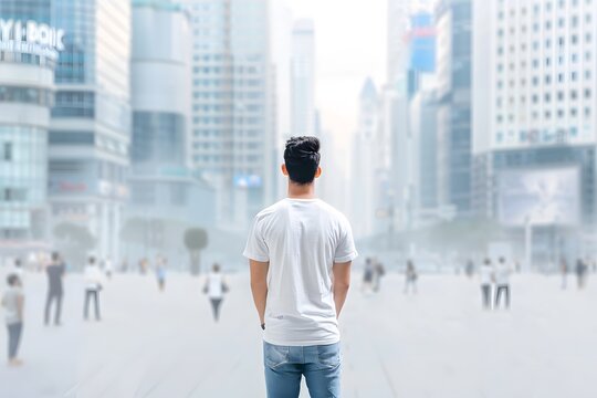 A young man in a white t-shirt stands in the middle of a bustling cityscape, facing away.