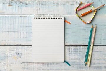 Blank notebook with colorful pencils on wooden surface ideal for creative and educational projects